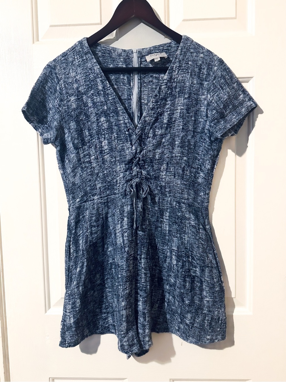 Everly Blue Space-Dyed Women’s Lace-Up Romper in Heathered Denim with Pockets